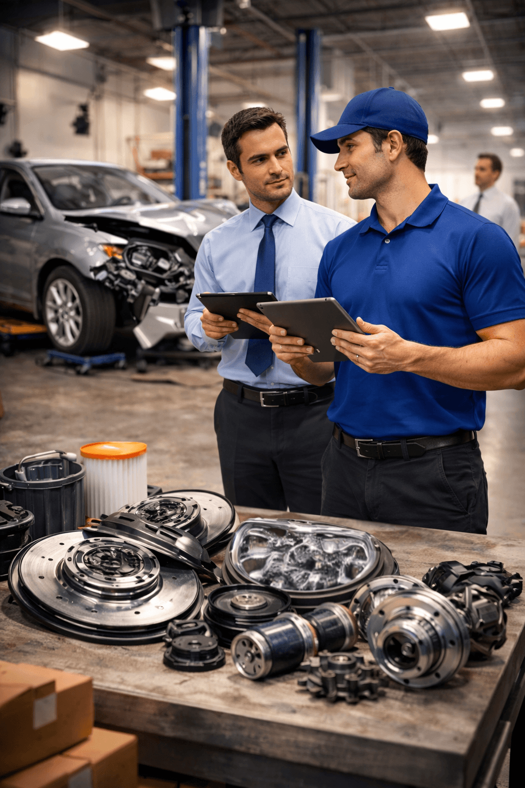 Vehicle repair technician working inside an auto service bay