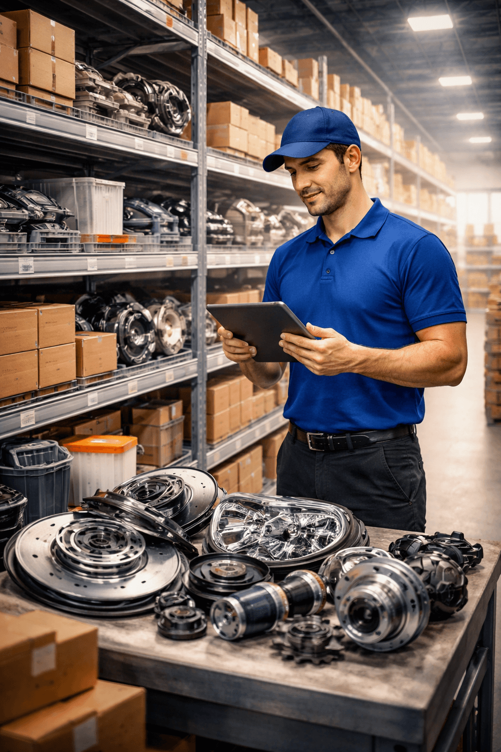 Auto parts supplier in warehouse with inventory